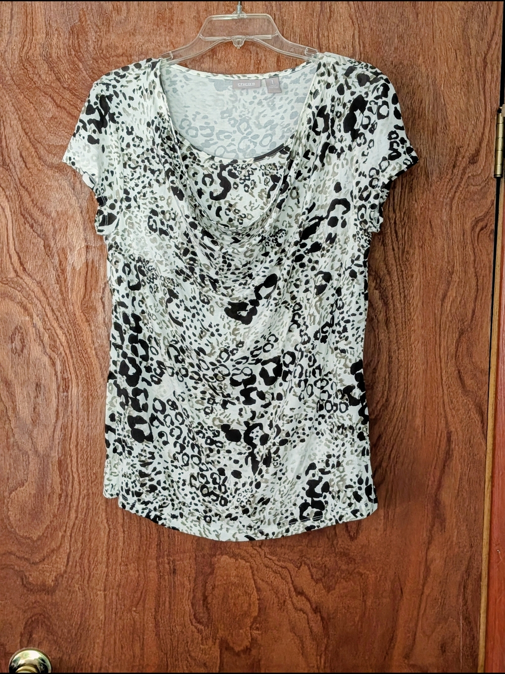 Chico's Black & White Animal Print Cowl Neck Short Sleeve Top
